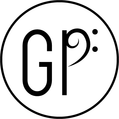 The initials GP are within a circle. The P takes on the form of a Rest bar from sheet music